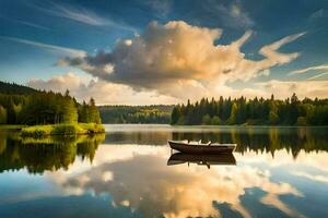 un barco se sienta en el calma agua de un lago. generado por ai foto