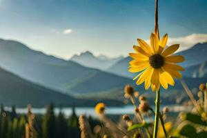 a single yellow sunflower stands in front of mountains. AI-Generated photo