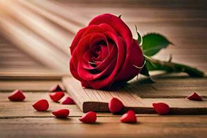 a red rose is on a wooden table with hearts. AI-Generated photo