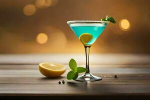 blue cocktail with lemon and mint on a wooden table. AI-Generated photo