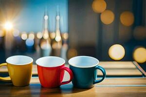 three coffee cups on a table with a blurry background. AI-Generated photo