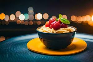 a bowl of pasta with raspberries and a city view. AI-Generated photo