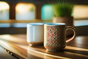 two coffee cups sit on a wooden table. AI-Generated photo