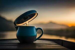 un azul café taza en un de madera mesa con un lago en el antecedentes. generado por ai foto