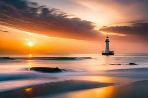 a lighthouse stands on the beach at sunset. AI-Generated photo