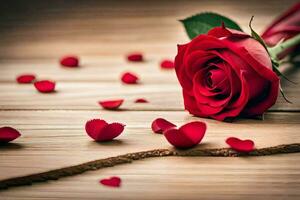 red rose on a wooden table with petals scattered. AI-Generated photo