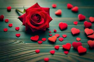 the rose is surrounded by hearts on a wooden table. AI-Generated photo