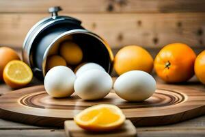 eggs on a cutting board with oranges. AI-Generated photo