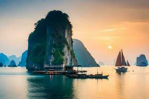 halong bahía, Vietnam, atardecer, puesta de sol Vietnam, puesta de sol Vietnam. generado por ai foto