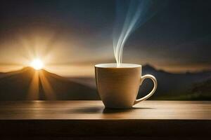 a cup of coffee on a table with the sun rising behind it. AI-Generated photo