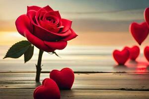 a single red rose is surrounded by hearts. AI-Generated photo