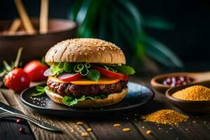 a hamburger with cheese, tomatoes and other ingredients. AI-Generated photo