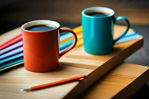 two coffee cups on a wooden cutting board. AI-Generated photo