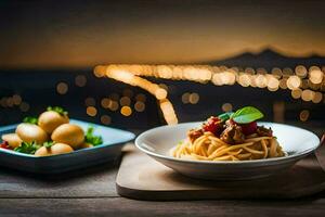 un plato de espaguetis y patatas en un de madera mesa con un paisaje urbano en el antecedentes. generado por ai foto