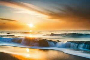 un hermosa puesta de sol terminado el Oceano con olas estrellarse dentro el costa. generado por ai foto