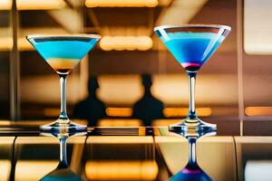 two martinis are sitting on a bar with a blue and a red drink. AI-Generated photo