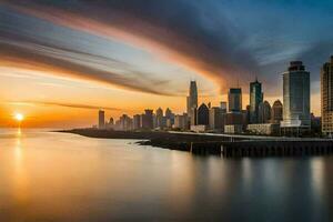 el chicago horizonte a puesta de sol. generado por ai foto