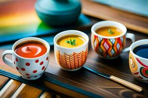 four cups of soup with different colors. AI-Generated photo