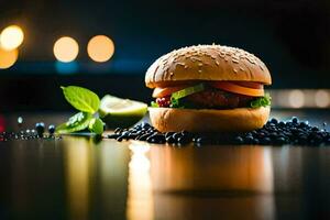 a hamburger is sitting on a black background. AI-Generated photo
