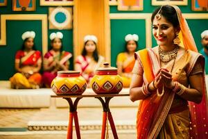 un mujer en tradicional indio atuendo es en pie en frente de un mesa con dos ollas. generado por ai foto