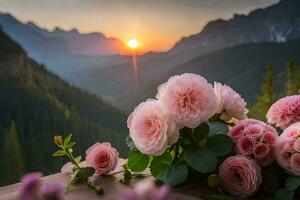 photo wallpaper the sky, flowers, mountains, flowers, the sun, flowers, flowers, flowers. AI-Generated