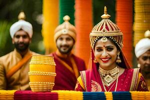 a bride and groom in traditional indian attire. AI-Generated photo