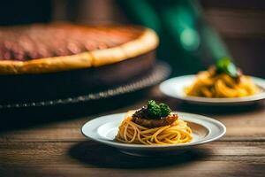a plate of spaghetti and a pizza on a table. AI-Generated photo