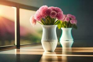 pink flowers in vases on a window sill. AI-Generated photo