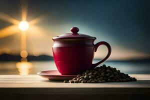 coffee beans on a wooden table with a red cup. AI-Generated photo