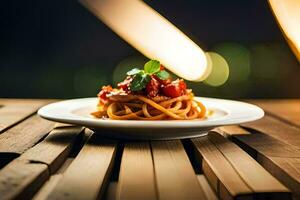 a plate of spaghetti with tomato sauce on a wooden table. AI-Generated photo