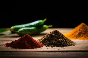 various spices and spices on a wooden table. AI-Generated photo