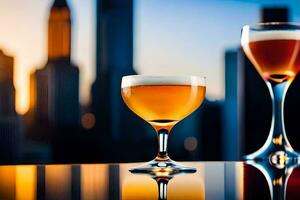 two glasses of alcohol are on a table in front of a city skyline. AI-Generated photo