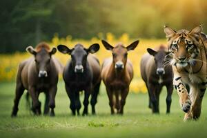 a tiger walking in front of a herd of cows. AI-Generated photo