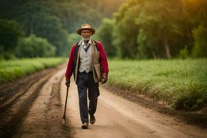 un antiguo hombre caminando abajo un suciedad la carretera. generado por ai foto