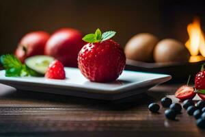 fresh strawberries and blueberries on a plate. AI-Generated photo