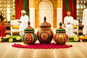 three colorful pots on a table with a man and woman. AI-Generated photo