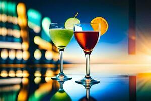 two glasses of cocktails with colorful drinks on a table. AI-Generated photo