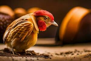 a chicken with red feathers standing on the ground. AI-Generated photo