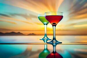 two glasses of colorful drinks on the water with a sunset in the background. AI-Generated photo