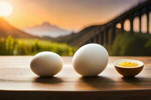 three eggs sit on a table with a bridge in the background. AI-Generated photo