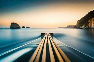 un largo exposición fotografía de un barco en el agua. generado por ai foto