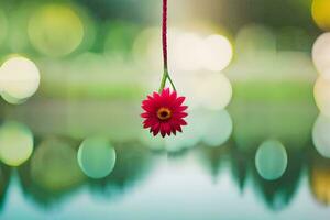 un rojo flor colgando desde un cuerda en frente de un lago. generado por ai foto