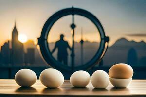 eggs are placed in front of a cityscape. AI-Generated photo