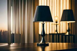 a table with a lamp on it and a window. AI-Generated photo