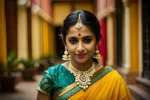 a beautiful indian woman in a yellow sari. AI-Generated photo