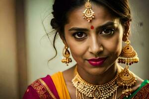 a beautiful indian woman wearing jewelry and a red lipstick. AI-Generated photo
