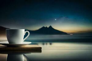 coffee cup and saucer on wooden table in front of lake. AI-Generated photo