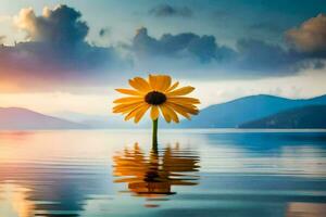 a single yellow flower is reflected in the water at sunset. AI-Generated photo