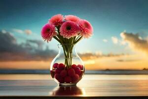 pink flowers in a vase on a table with a sunset in the background. AI-Generated photo