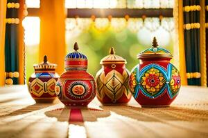 three colorful ceramic jars on a table. AI-Generated photo